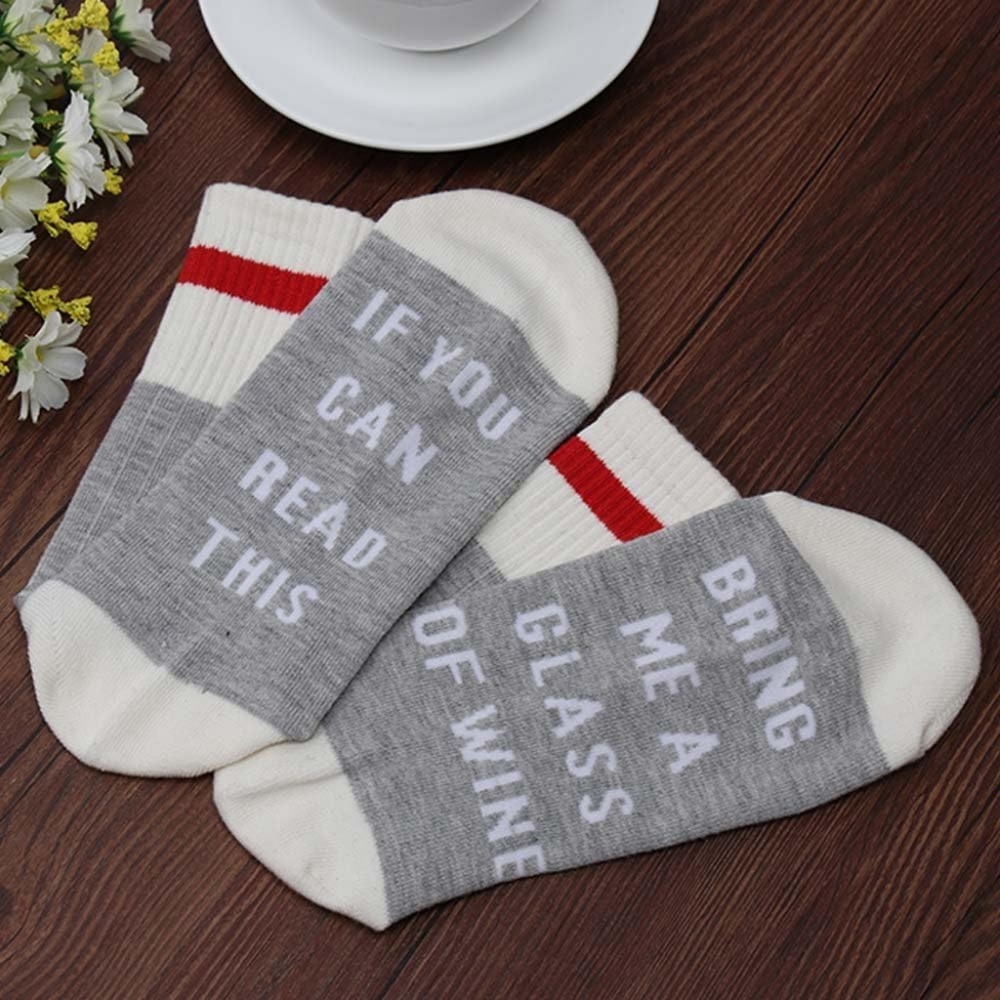 Grey White Red If You Can Read This Bring Me A Glass Of Wine Socks NEW SIZE 5-11